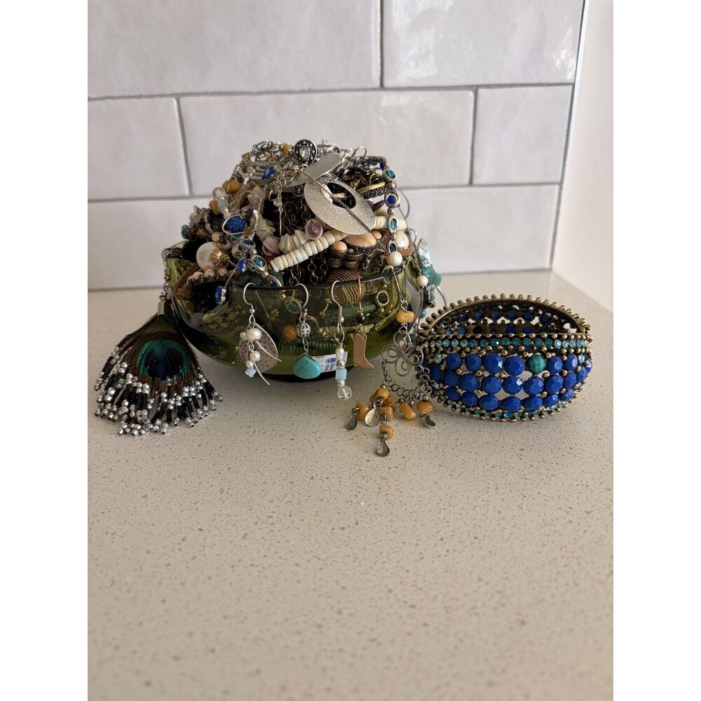 VTG Native Boho Mystery Jewelry Jar Glass Dish Turquoise Silver Gold Tone Bead